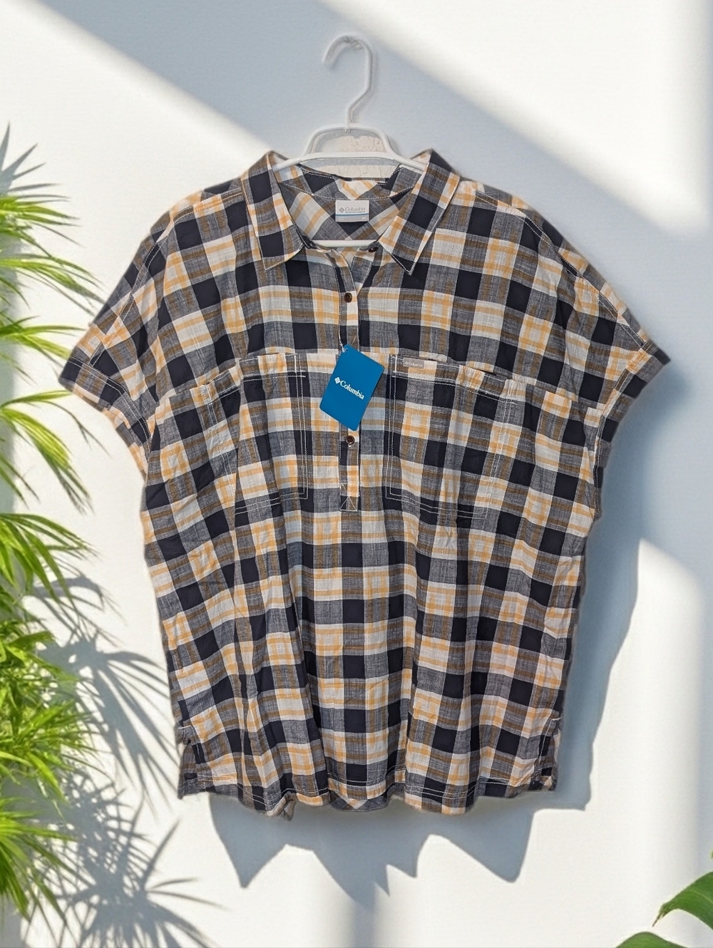 NWT Columbia Women's Blue & Yellow Plaid Pinnacle Peak Popover Shirt, Size 3X